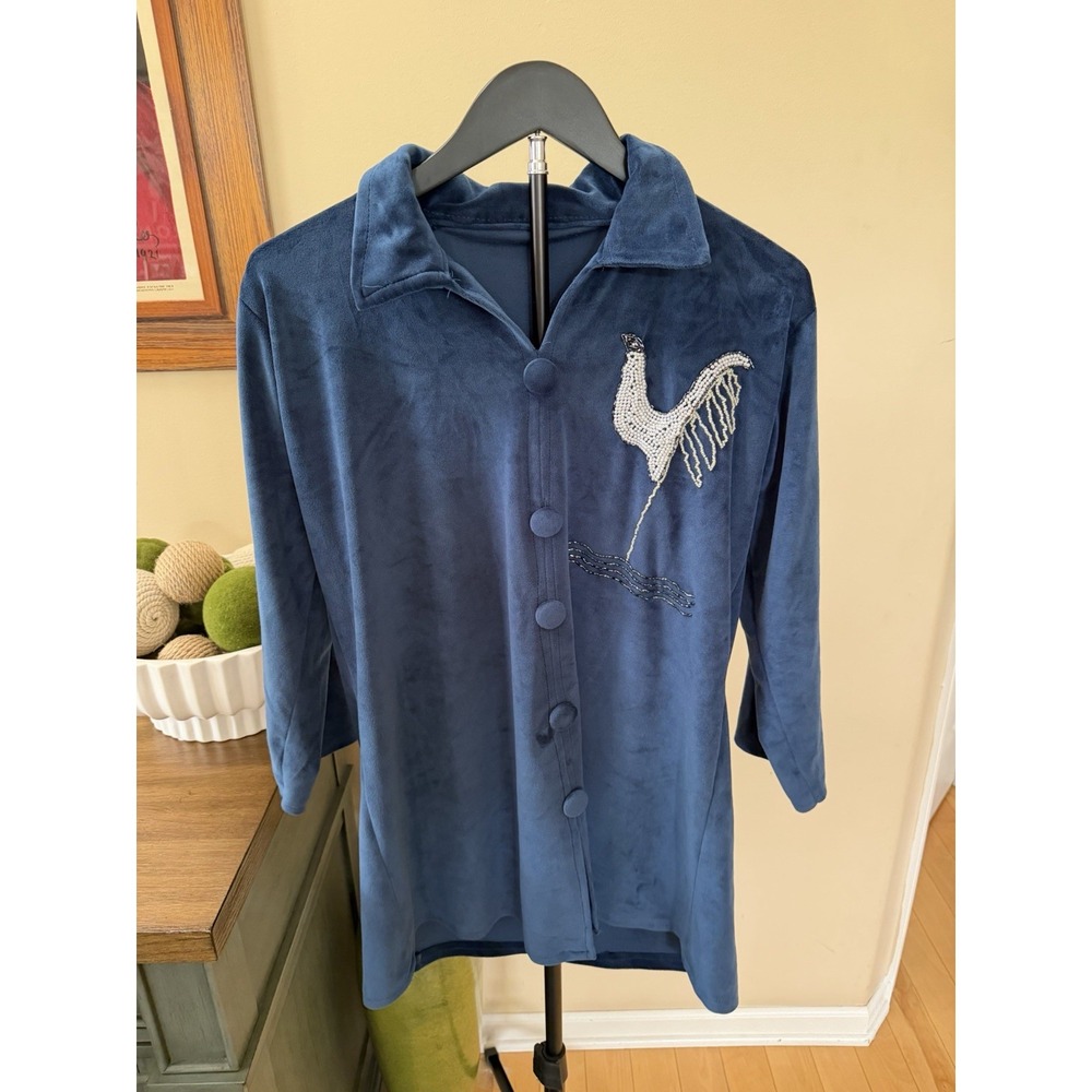 Vintage Blue Velour Beaded Crane Jacket Button Front Art Wear Women